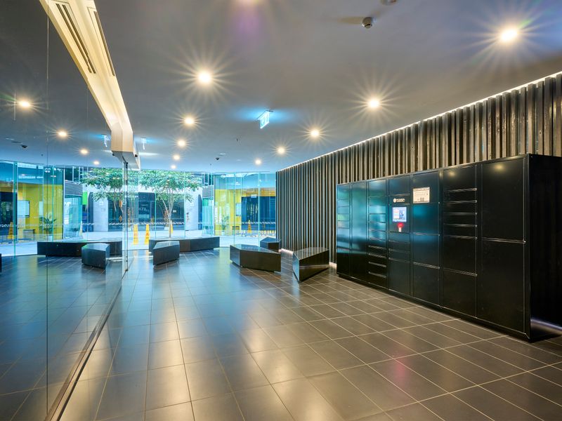 Stylish building lobby with secure access.