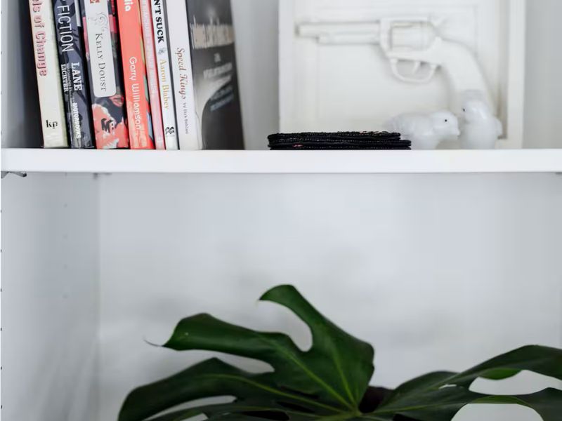 Stylish shelving with curated décor that adds a calm and modern touch to the space.