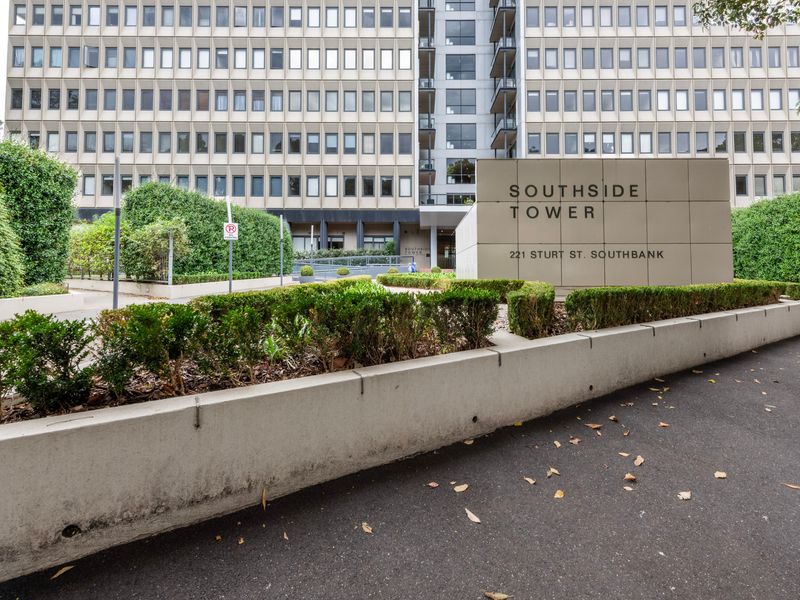 Southside Tower entrance with landscaped surrounds and secure access