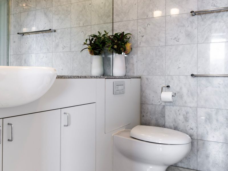 Main bathroom with spacious vanity and oversized mirror.