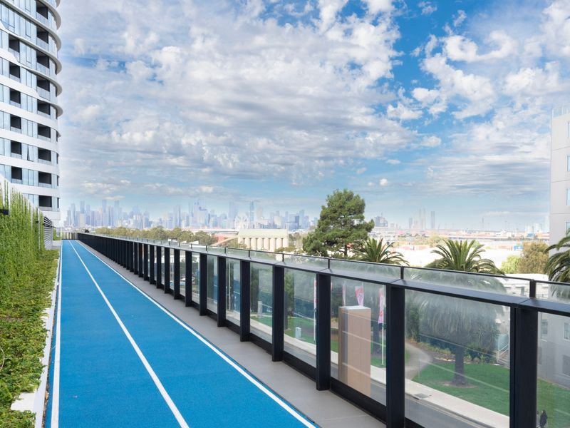 Rooftop communal running track with elevated views