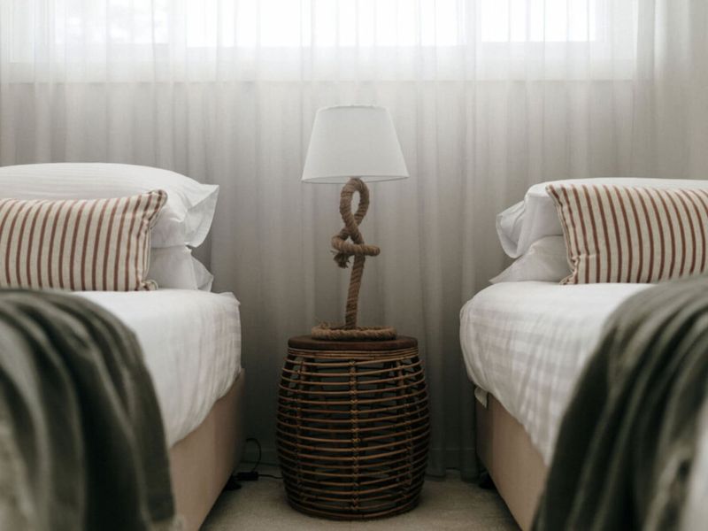 Twin beds provide a flexible sleeping arrangement.