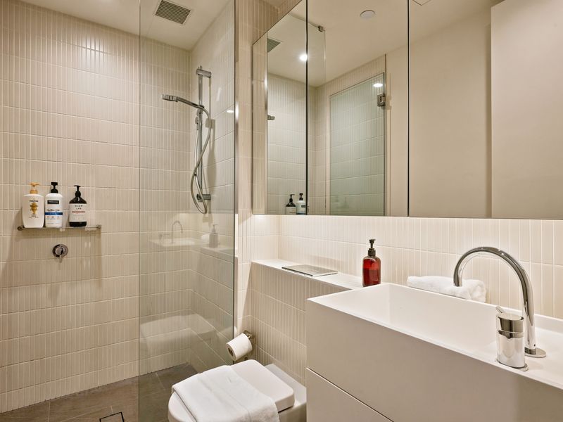 Elegant bathroom with sleek finishes and a spacious walk-in shower.