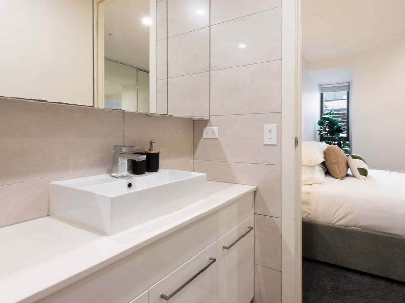 The sleek vanity offers plenty of room to prepare for the day.