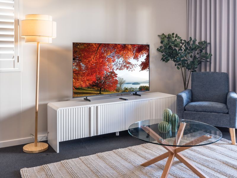 Smart TV and cozy lounge for relaxing after a day out.