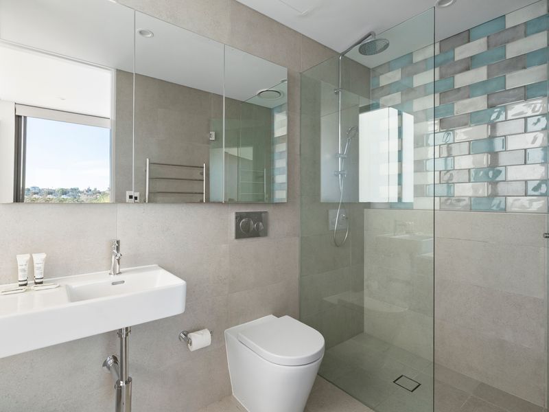 The elegant bathroom features a spacious walk-in shower and premium fittings.
