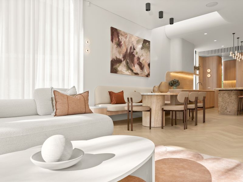 Comfortable lounge seamlessly connected to the dining space.