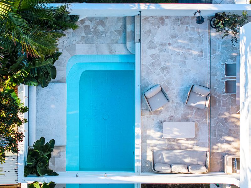 Overhead view of the tranquil courtyard and private pool.