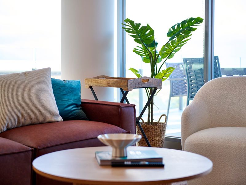 Cozy seating corner with a plush sofa, armchair, accent pillows, and coffee table.