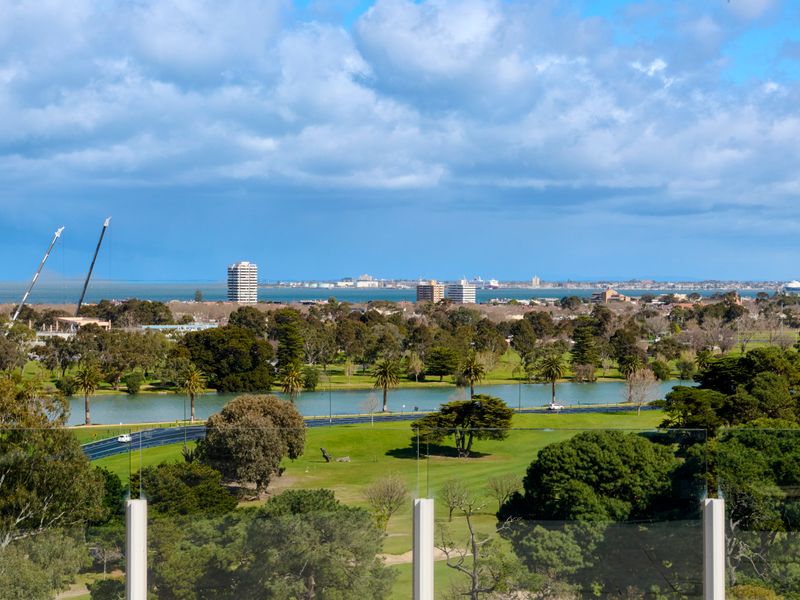 Scenic outdoor view overlooking lush parkland and city skyline.