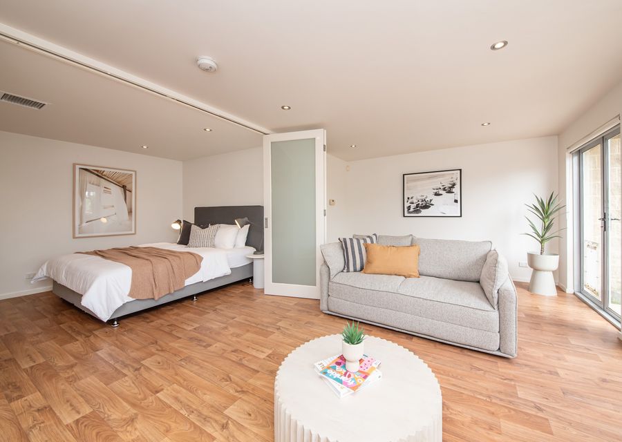 Downstairs living and master bedroom with King bed and ensuite (downstairs)