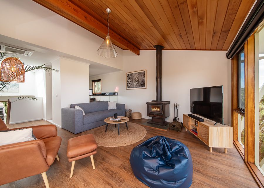 Wood fireplace and smart tv in the living room 