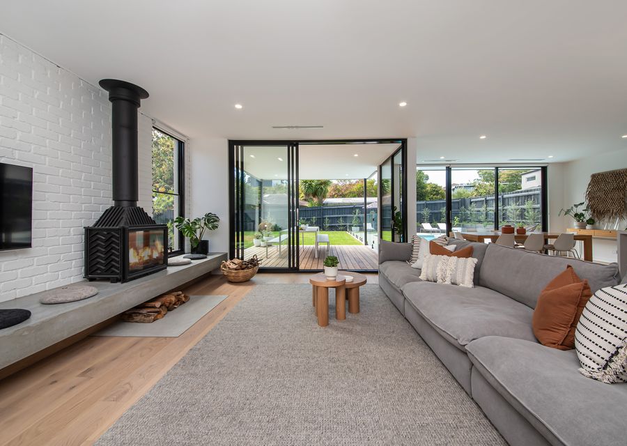 Wood fireplace and light and bright living space 