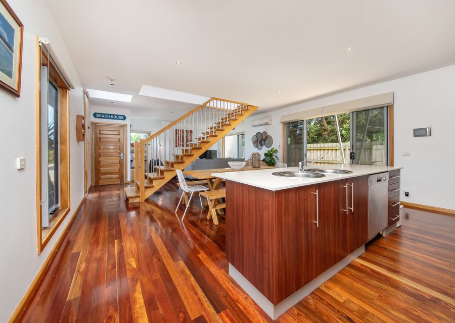 Open plan kitchen and dining on to living