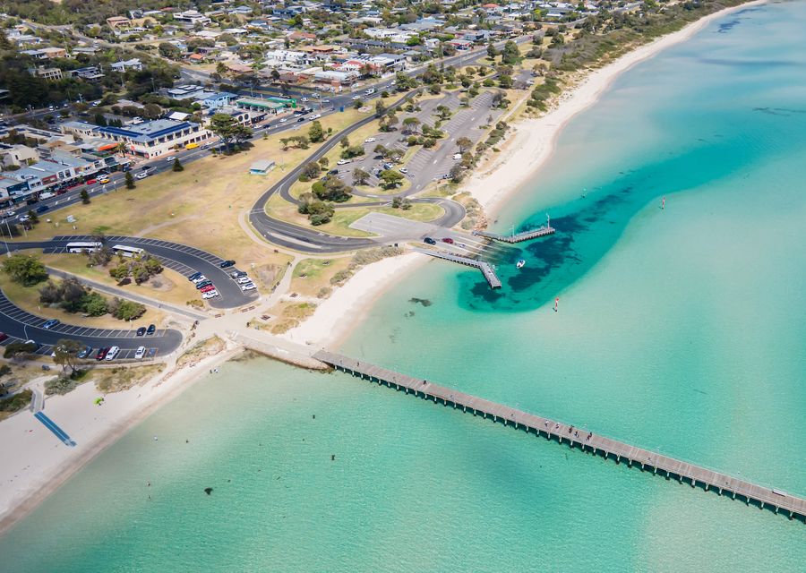 Aerial shot of Rye Pier and shops