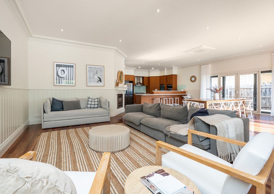 Main living with gas fireplace and smart Tv
