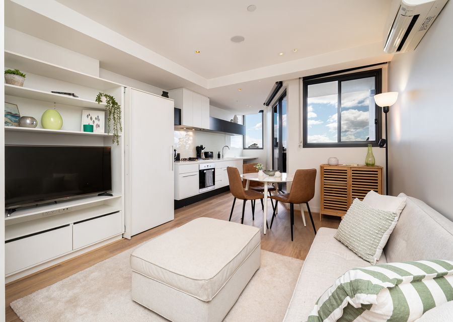 Light and bright open plan living with split system for heating and cooling