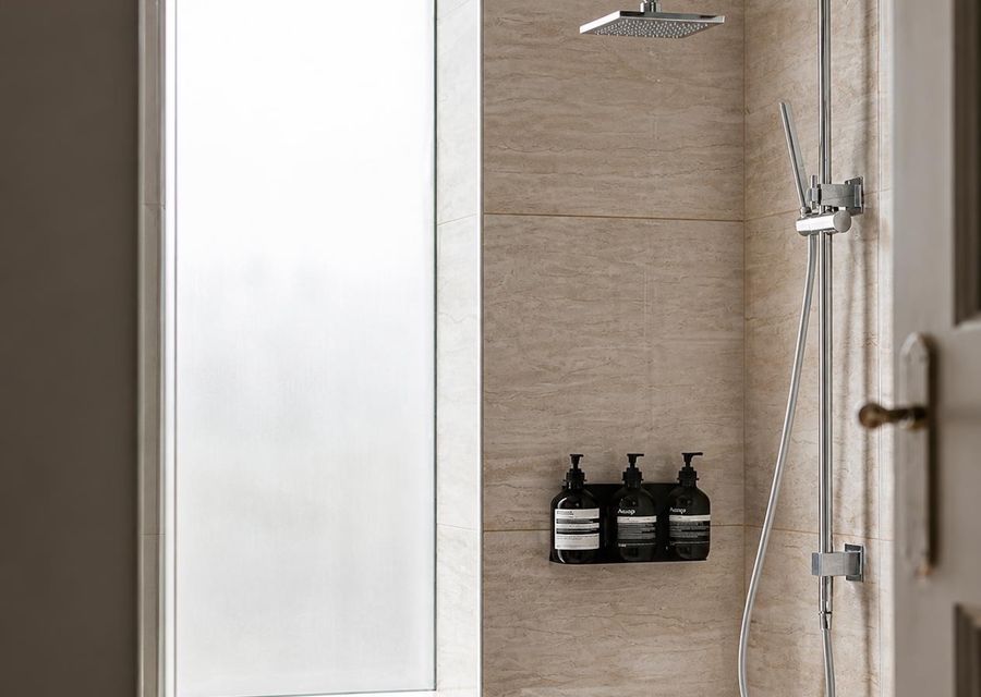 Modern walk-in shower with rainfall showerhead