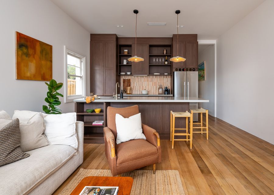 Living room and full kitchen at the back