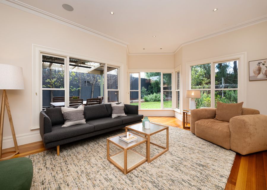 Spacious living room with garden views