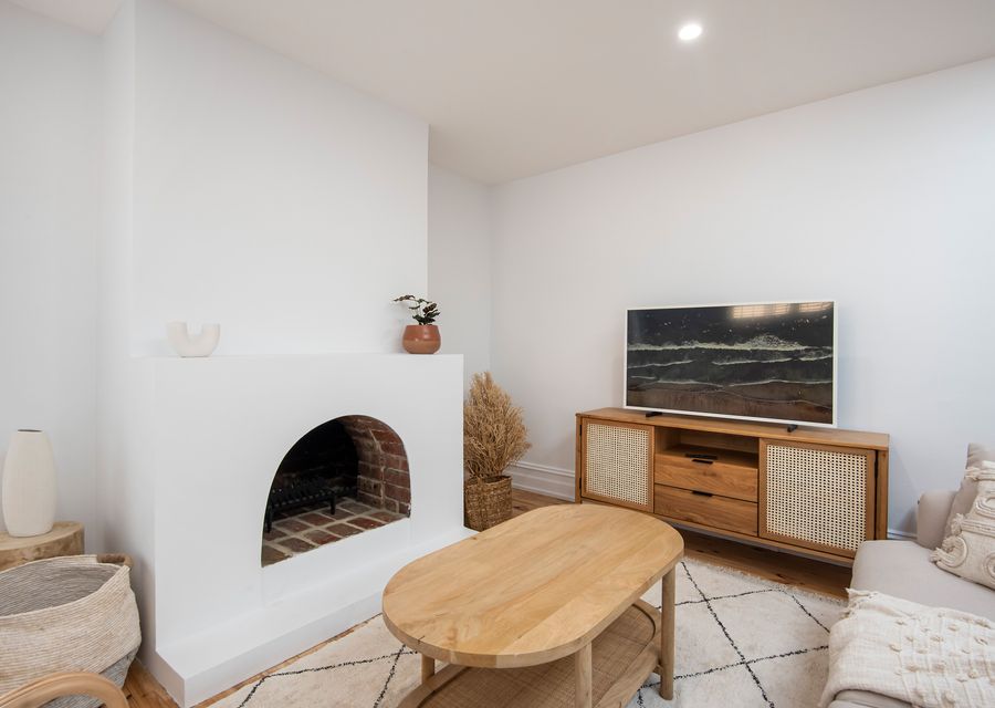 Living room with ornamental fireplace