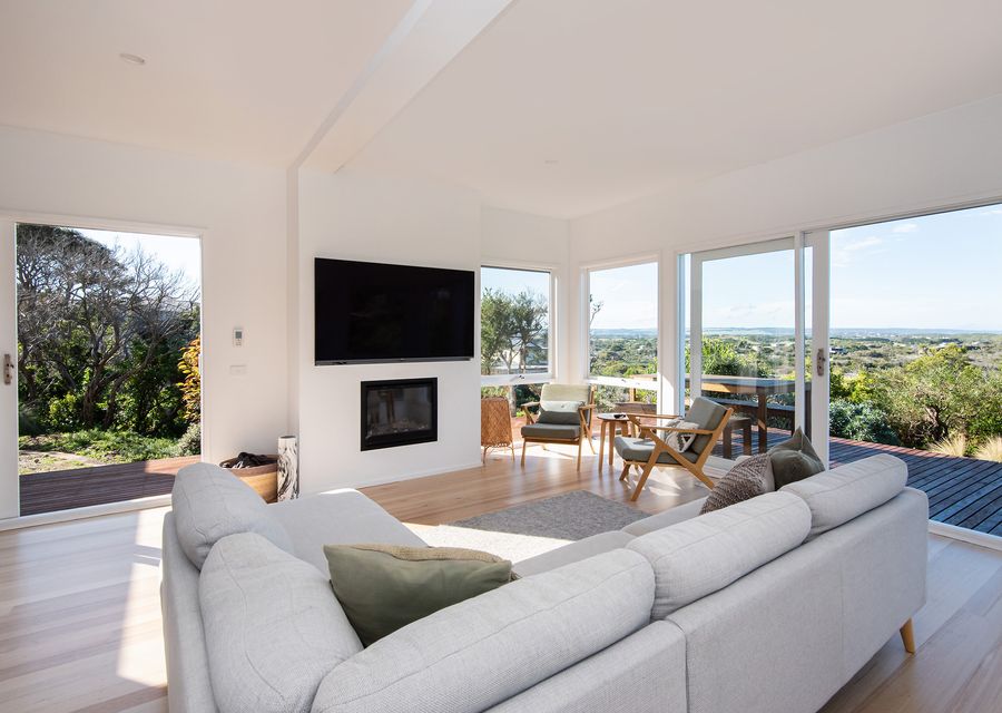 Main living with smart Tv and gas fireplace 