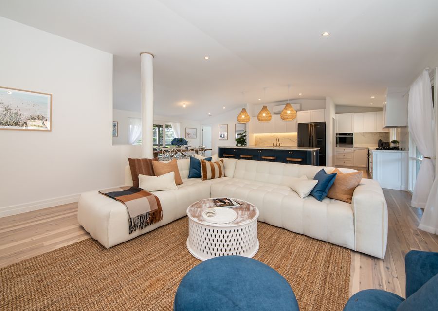 Main living room with fireplace, living and stunning kitchen 