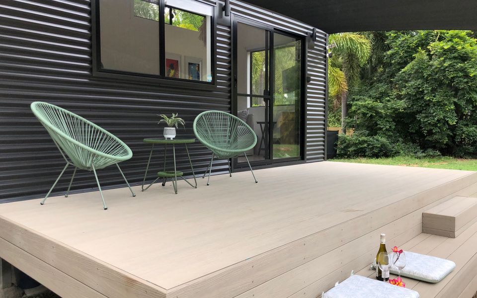 Shaded outdoor deck area