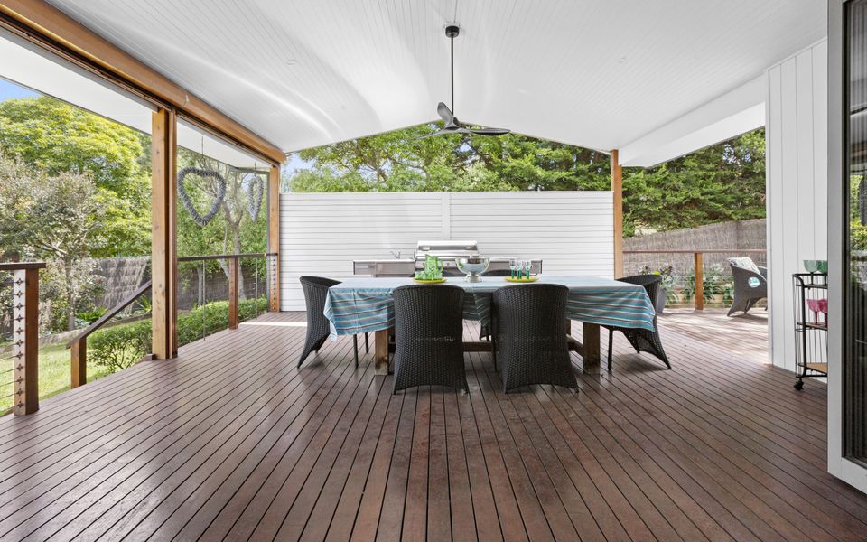 Large Alfresco area with gas BBQ, ceiling fan and seating for eight. Outdoor blinds can be lowered if required.