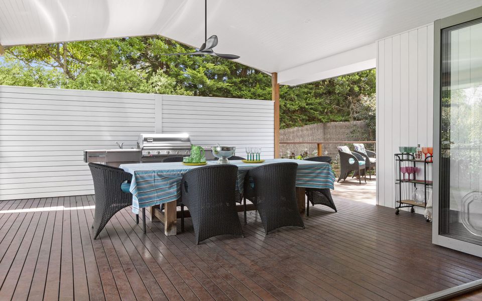Large Alfresco area with gas BBQ, ceiling fan and seating for eight. Outdoor blinds can be lowered if required.