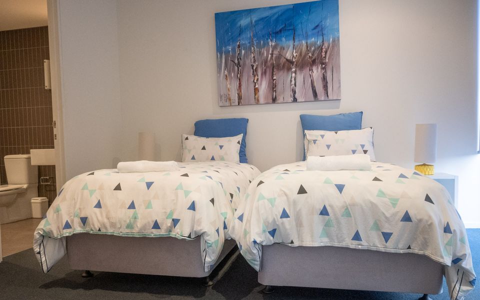 Bedroom two with ensuite. The two single beds can be set up as a king if required.