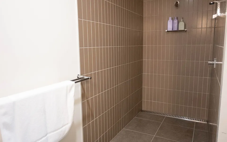 Ensuite with shower, toilet and hand basin.