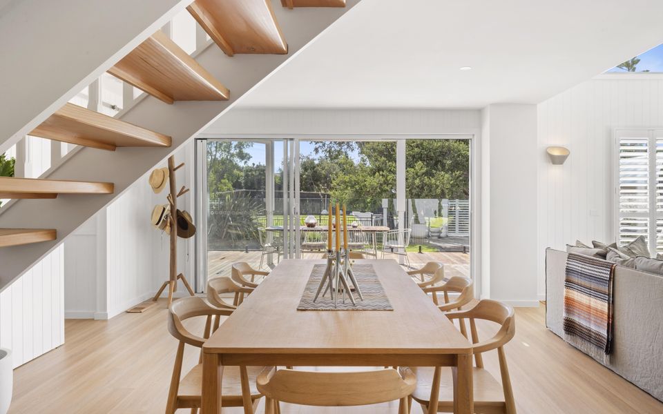 Dining area with dining table to seat eight