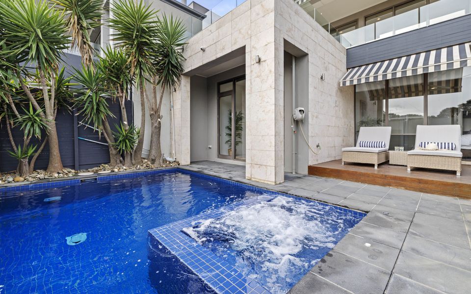 Heated pool (Seasonal Heating) and spa with poolside sundeck complete with sun loungers, covered by a retractable awning for shade if required.