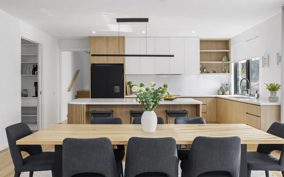 A bright, spacious dining area for eight.