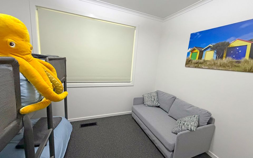 Bedroom three features a bunk bed, sofa bed (available on request when booking), and ducted heating for comfort.