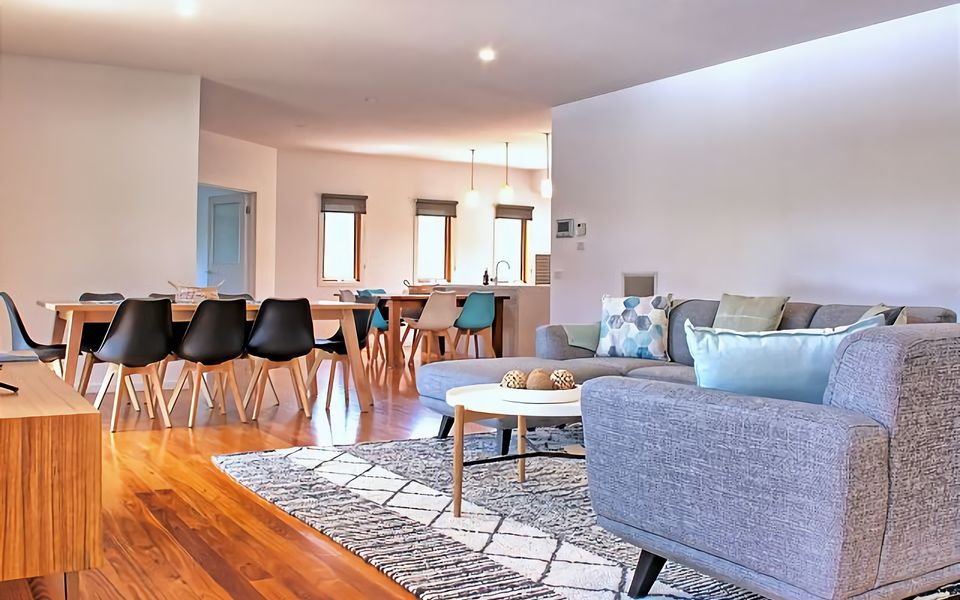 Open plan kitchen, dining and living.