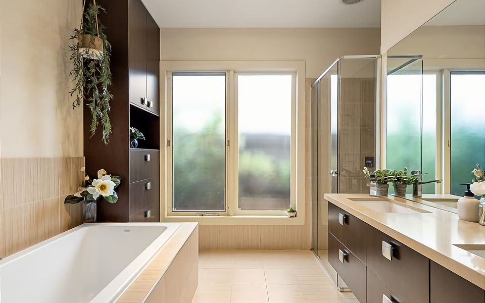 The Main Bathroom has shower, bath, double basin and separate toilet.