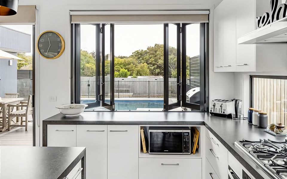 Bifold kitchen servery perfect for bringing inside , out.