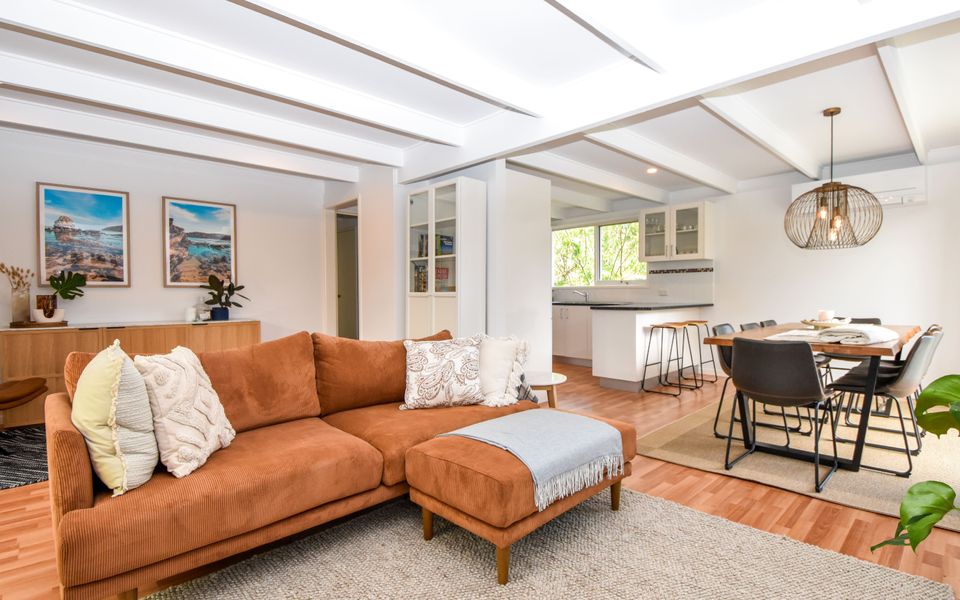 Open plan style living, dining and kitchen.