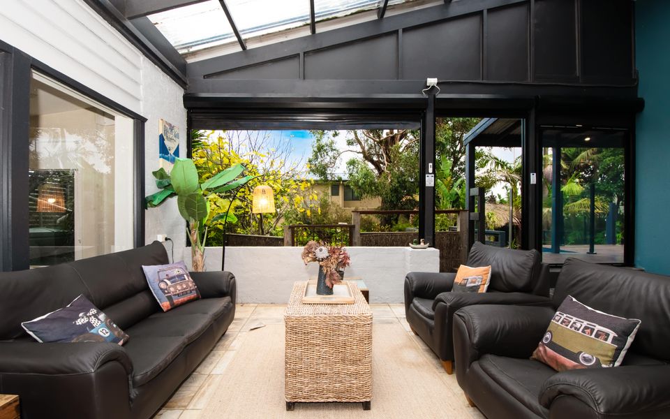 The lounge area and TV offer a comfortable spot for relaxation.